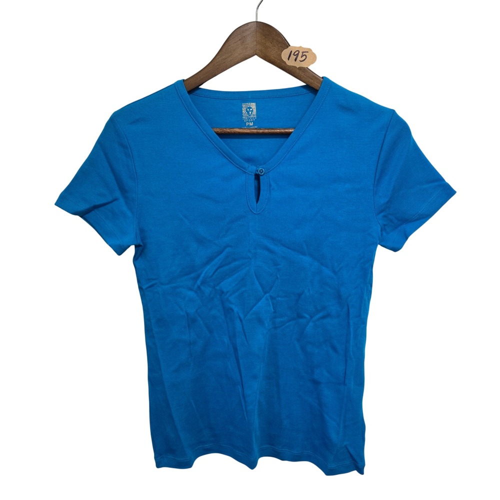 Anne Klein Sport Womens Blue V-Neck Keyhole Short Sleeve Ribbed T-Shirt Petite M